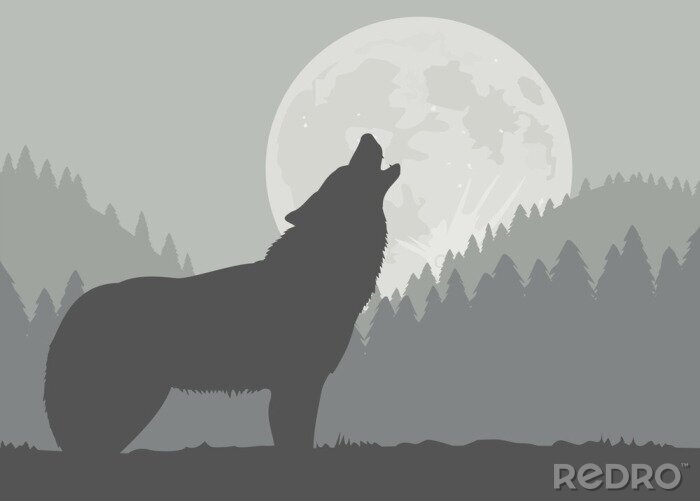 Fototapete heulender Wolf mit Mond im Hintergrund