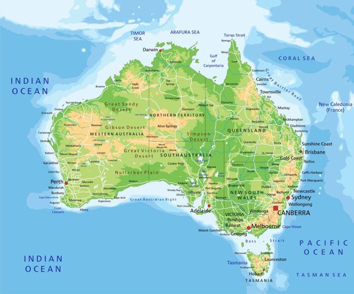 Fototapete High detailed Australia physical map with labeling.