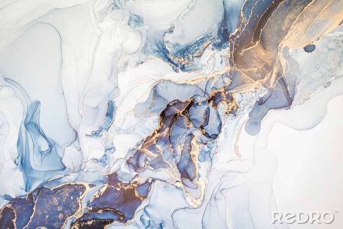 Fototapete High resolution. Luxury abstract fluid art painting in alcohol ink technique, mixture of dark blue, gray and gold paints. Imitation of marble stone cut, glowing golden veins. Tender and dreamy design.
