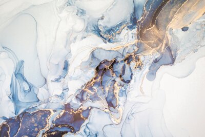 Fototapete High resolution. Luxury abstract fluid art painting in alcohol ink technique, mixture of dark blue, gray and gold paints. Imitation of marble stone cut, glowing golden veins. Tender and dreamy design.