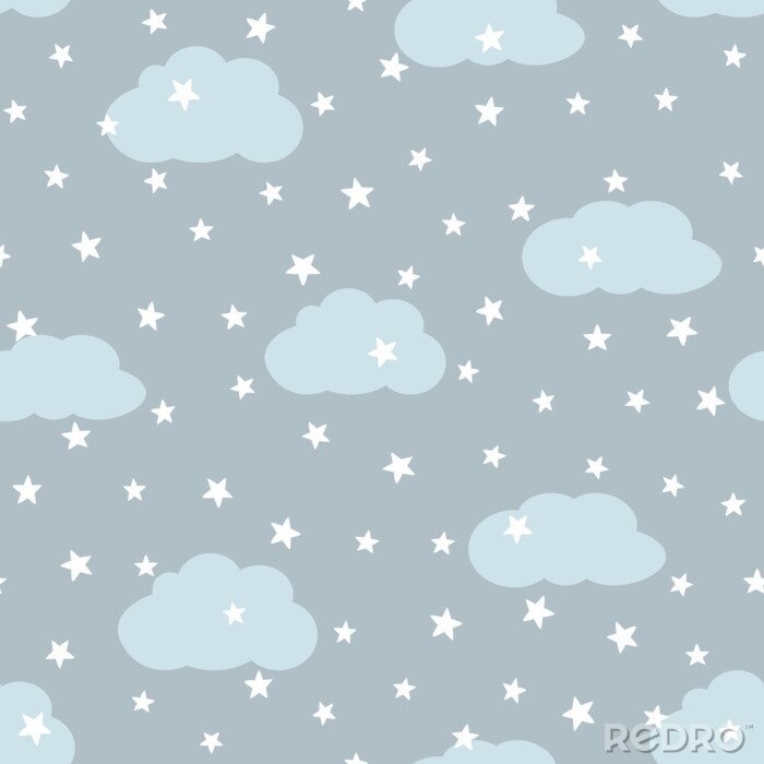 Fototapete Himmel mit Wolken und Sternen. Nahtloses Muster für Kinder.