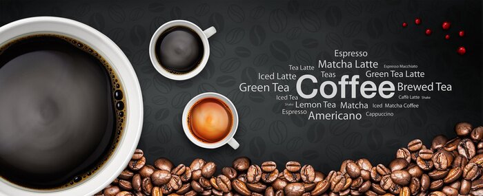 Fototapete Hintergrund Kaffeebohnen und Tassen mit Aufschriften