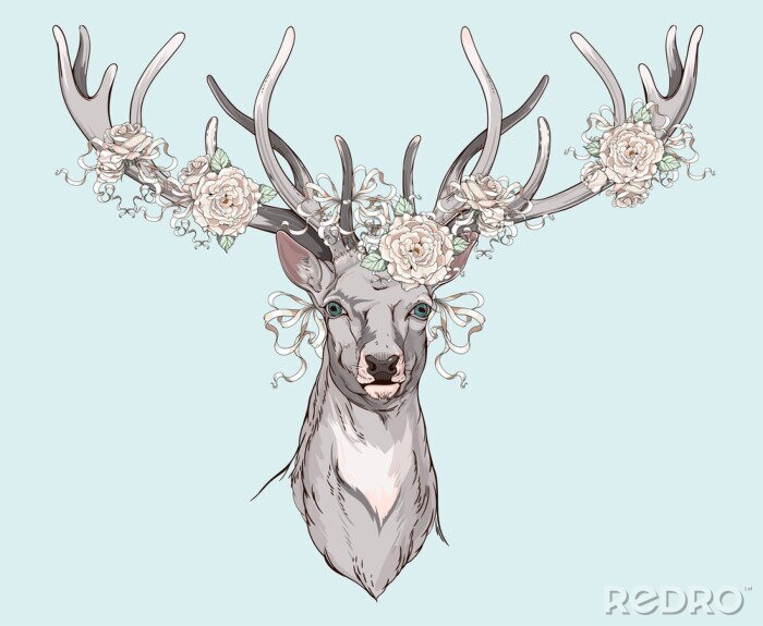 Fototapete Hirsch mit Blumengeweih