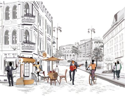 Fototapete Historische Straße mit Café und Gitarrist