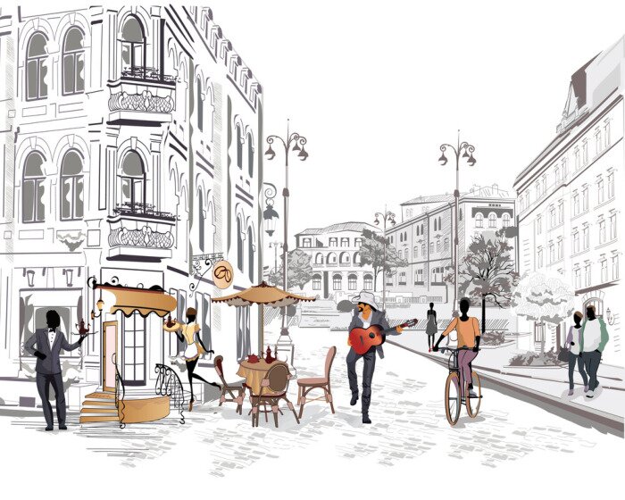 Fototapete Historische Straße mit Café und Gitarrist