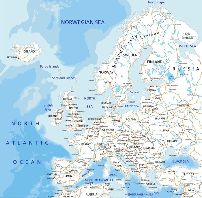 Fototapete Hochdetaillierte Europa-Straßenkarte mit Beschriftung
