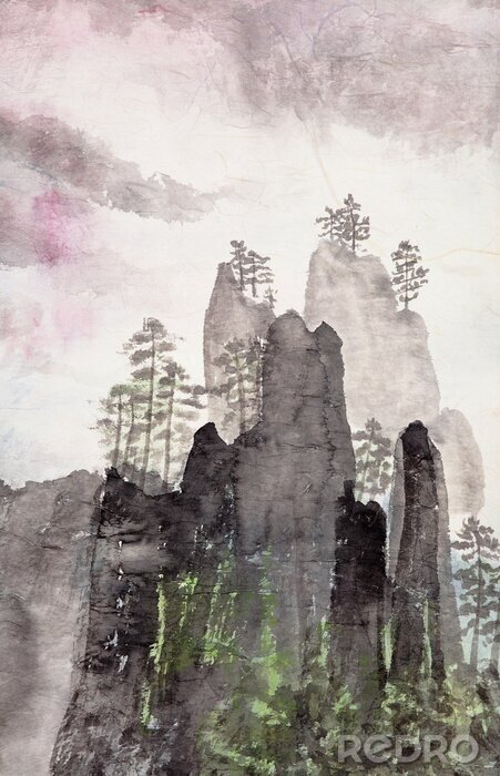 Fototapete Hohe Felsen in Aquarellfarbe