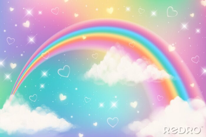 Fototapete Holographic fantasy rainbow unicorn background with clouds. Pastel color sky. Magical landscape, abstract fabulous pattern. Cute candy wallpaper. Vector.