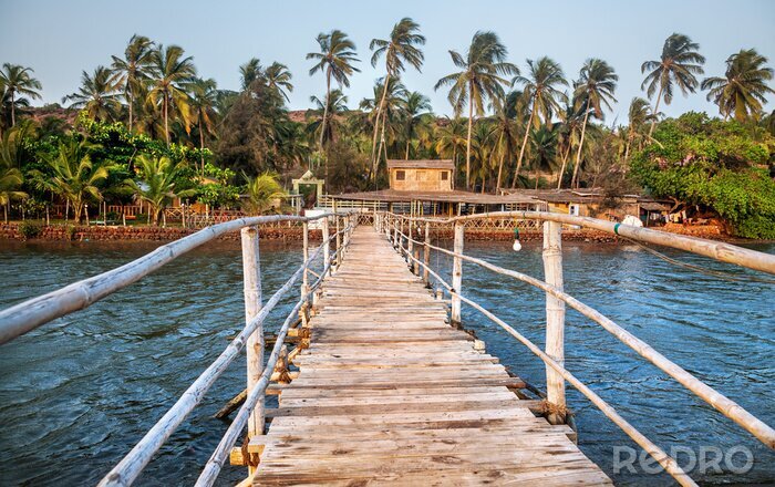 Fototapete Holzbrücke mit Palmen im Hintergrund