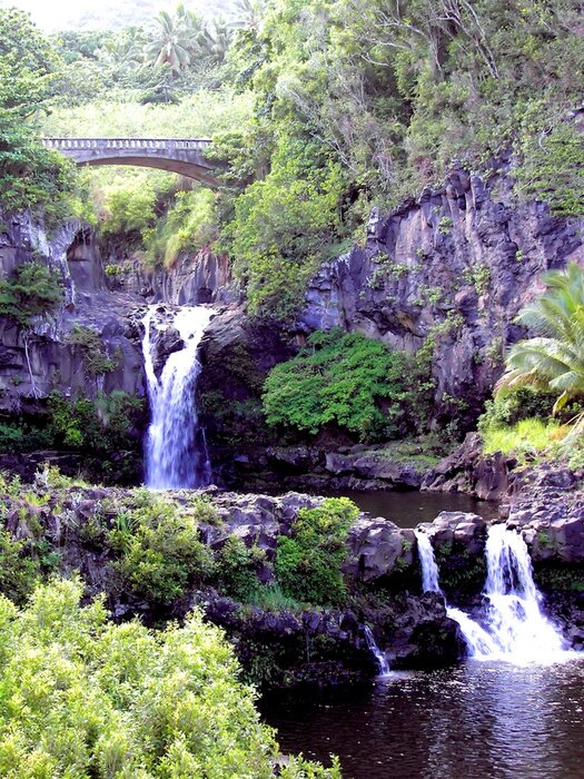 Fototapete Holzbrücke über Wasserfall