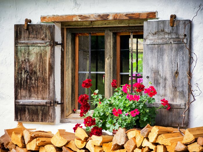 Fototapete Holzfenster mit Blumen und Holz