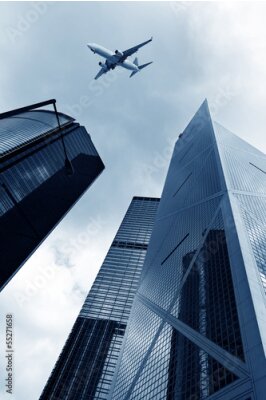Fototapete Hongkongs Wolkenkratzern und Flugzeuge am Himmel