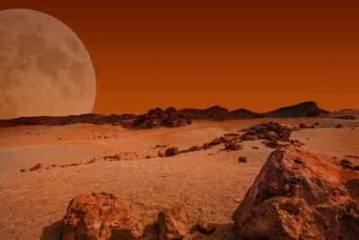 Fototapete Hügel auf einem roten Planeten mit Vollmond im Hintergrund