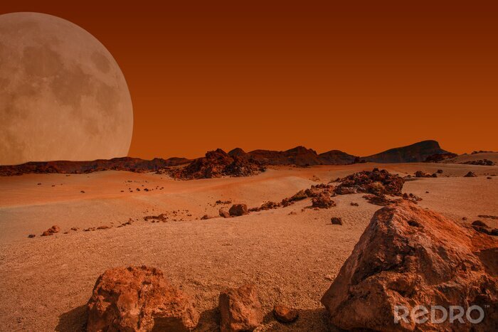 Fototapete Hügel auf einem roten Planeten mit Vollmond im Hintergrund