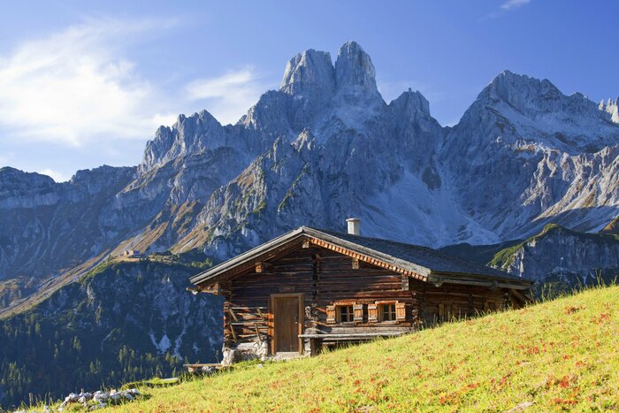 Fototapete Hütte vor dem Hintergrund der Berge