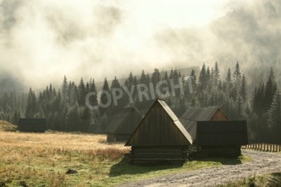 Fototapete Hütten mit wald im hintergrund