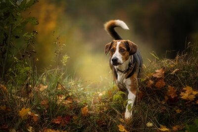 Fototapete Hund spaziert im Herbstwald