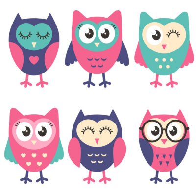 Icons of cute owls isolated on white