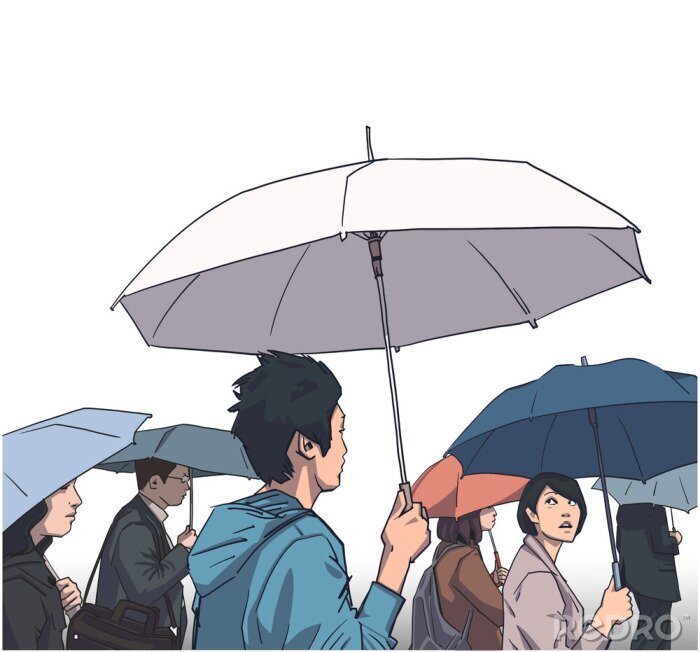 Fototapete Illustration der Menschenmenge mit Regenmänteln und Regenschirmen in Farbe
