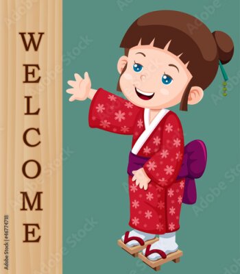 Fototapete Illustration der niedliche kleine japanische Mädchen mit Willkommensschild
