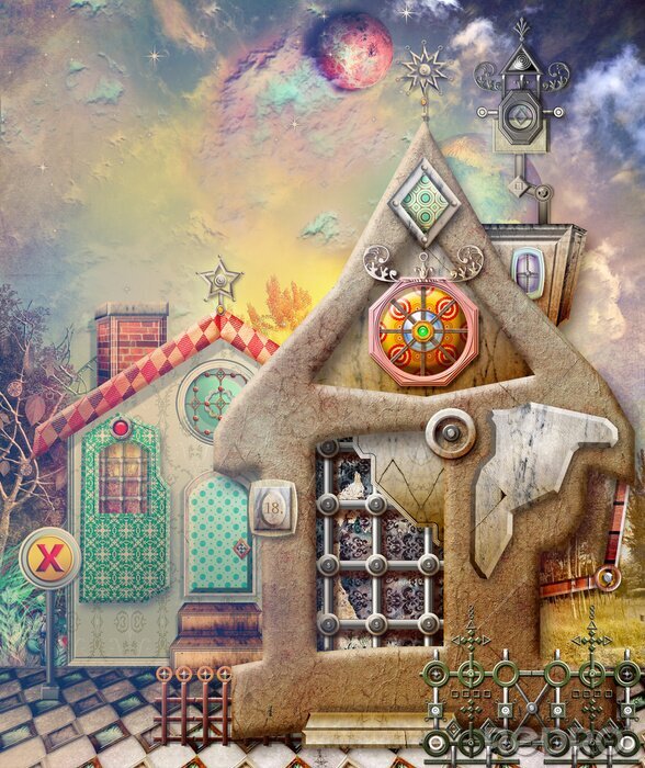 Fototapete Illustration Fantasy mit Häuschen