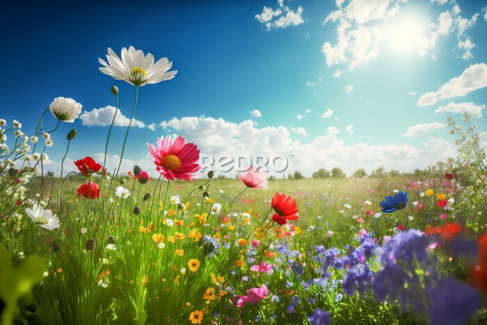 Fototapete Illustration of a flower meadow in spring. Generative AI.