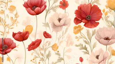 Fototapete Illustration of blooming poppy flowers. Beautiful floral interior wall painting design illustration