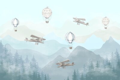 Fototapete Illustration of flying planes and balloons with a blue background. Slightly misty forest and high mountains. Kids wallpaper style.