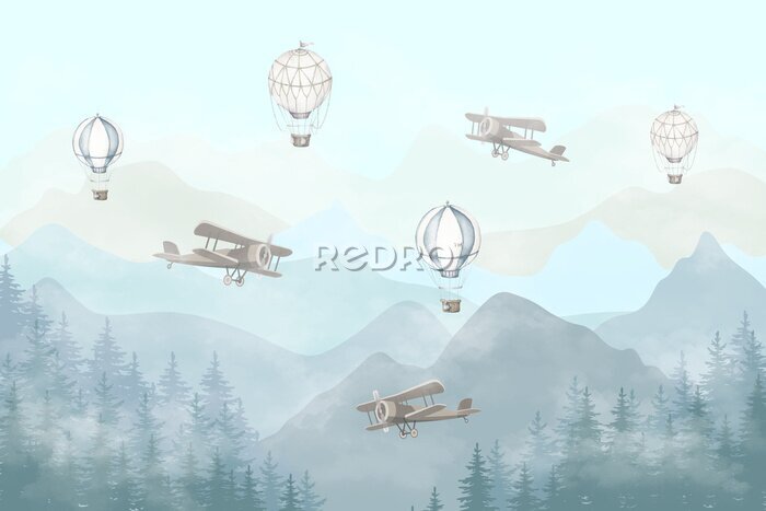 Fototapete Illustration of flying planes and balloons with a blue background. Slightly misty forest and high mountains. Kids wallpaper style.