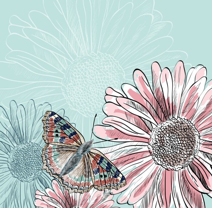 Fototapete Illustration Schmetterling auf Blumen