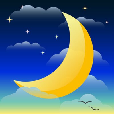 Fototapete Illustration with bright yellow lighting moon floating in the night sky among the clouds and stars for use in design for card, invitation, poster, banner, placard or billboard cover