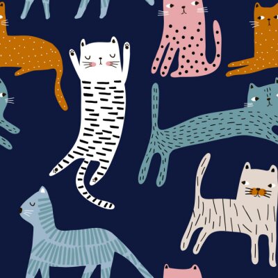 Illustrierte bunte Katzen auf einem marineblauen Hintergrund