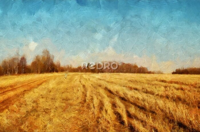 Fototapete Impressionism oil painting on canvas nature landscape motifs wall art print. Countryside beauty. Village. Contemporary artwork for creating poster, stationery, postcard. Watercolor fine modern drawing