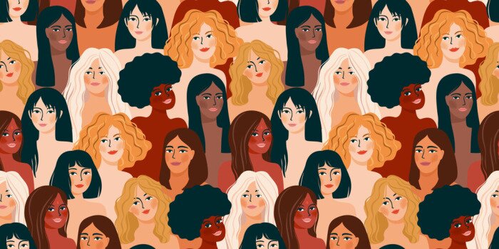 Fototapete International Womens Day. Vector seamless pattern with women different nationalities and cultures.