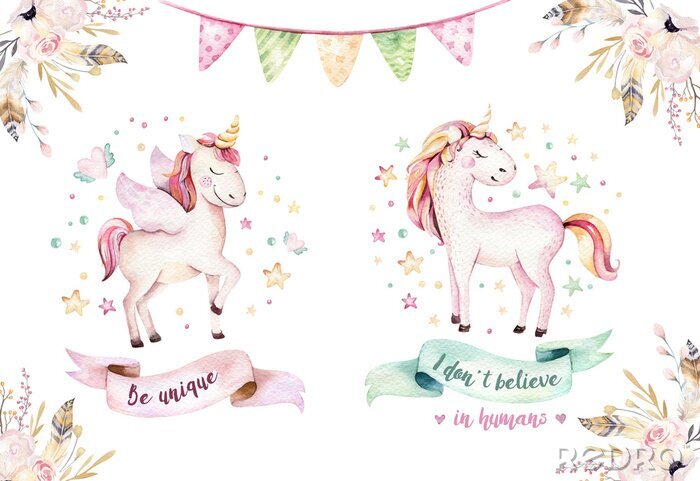Fototapete Isoliert niedlichen Aquarell Einhorn Clipart. Nursery Einhörner Illustration. Prinzessin Regenbogen Einhörner Plakat. Modisches rosa Karikaturpferd