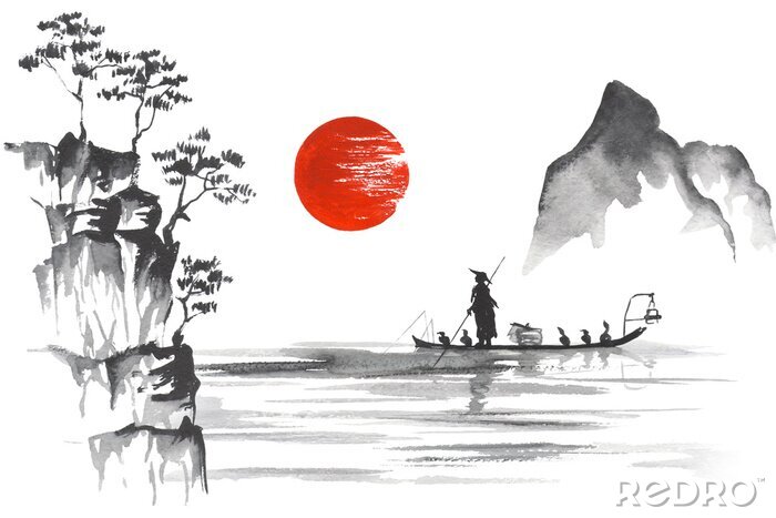 Fototapete Japan Traditionelle japanische Malerei Sumi-e Kunst Japan Traditionelle japanische Malerei Sumi-e Kunst Mann mit Boot