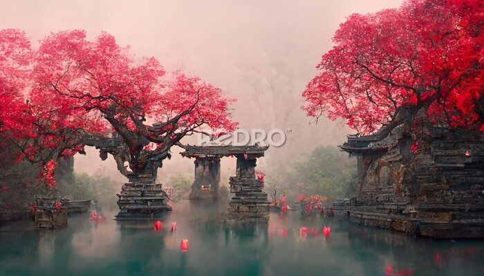 Fototapete Japanese landscape with Maple Tree ans Shinto Shrine
