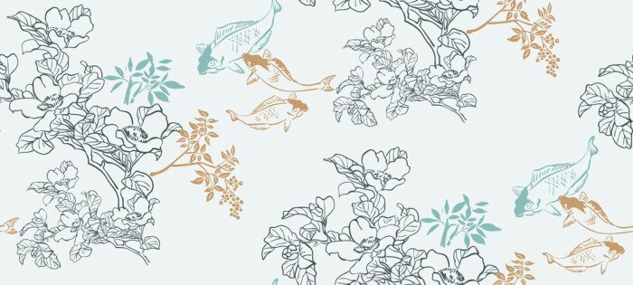 Fototapete Japanische orientalische Fische und Blumen