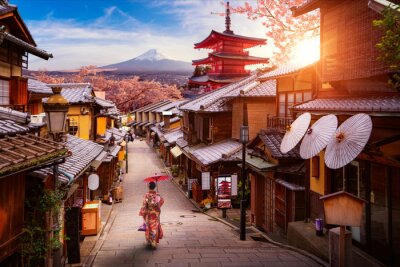 Fototapete Japanische Straße mit Pagode und dem Fuji