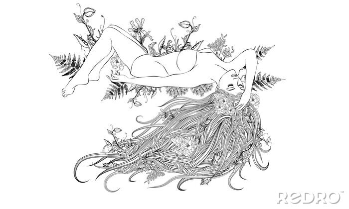 Fototapete Junge Frau mit langen Haaren und Blumenkranz mit Herzblättern