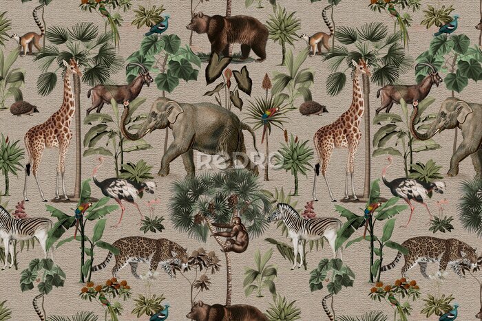 Fototapete Jungle pattern background wild animals illustration