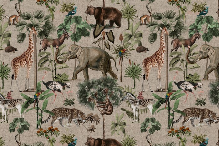Fototapete Jungle pattern background wild animals illustration