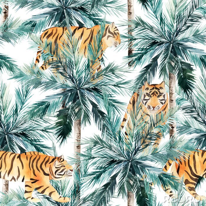 Fototapete Jungle seamless pattern. Tropical palm trees and tiger. Hand drawn watercolour illustration