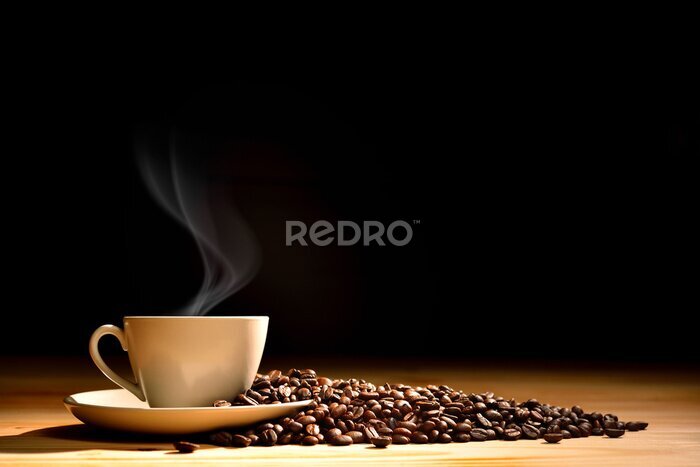 Fototapete Kaffeebohnen und eine dampfende Tasse