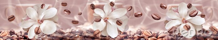 Fototapete Kaffeebohnen und weiße elegante Blumen