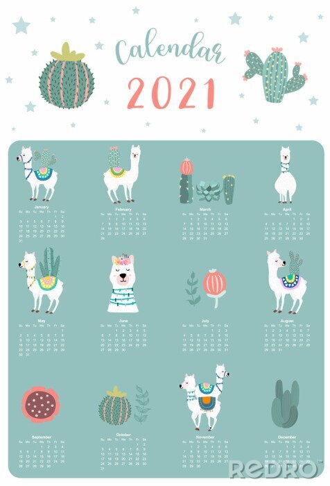 Fototapete Kalender mit Lamas 2021