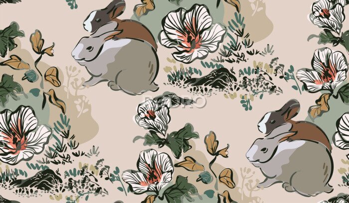 Fototapete Kaninchen inmitten von Blumen wie gemalt