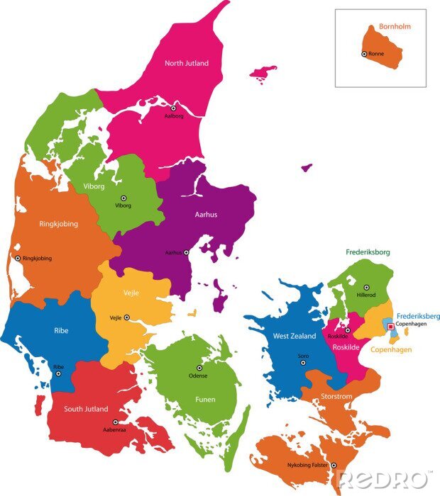 Fototapete Karte der Stadtbezirke von Dänemark
