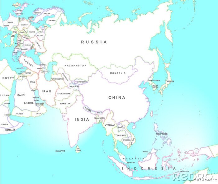 Fototapete Karte von Asien mit Ozeanen