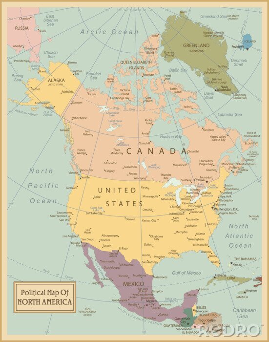 Fototapete Karte von Nordamerika Vintage